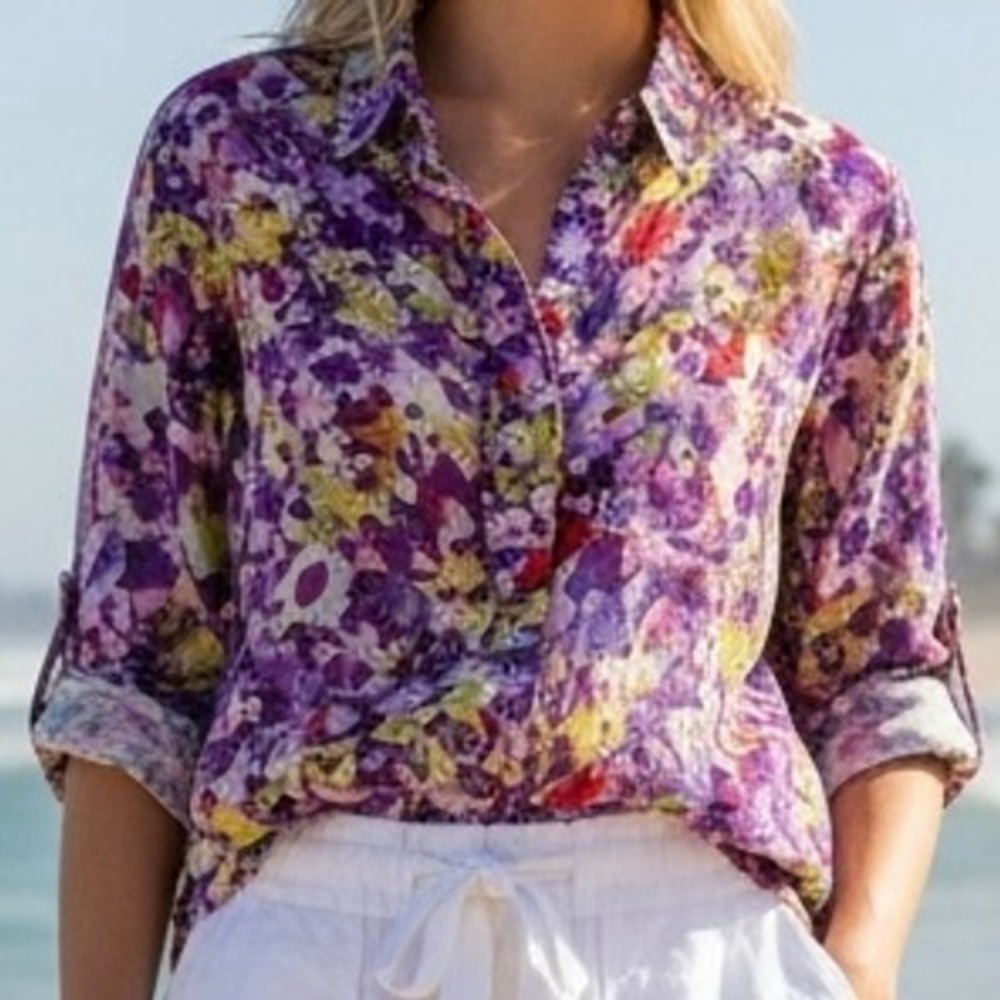Coldwater Creek Blouse Women 2X Purple Floral Top Boho Vacation Resort Cruise
